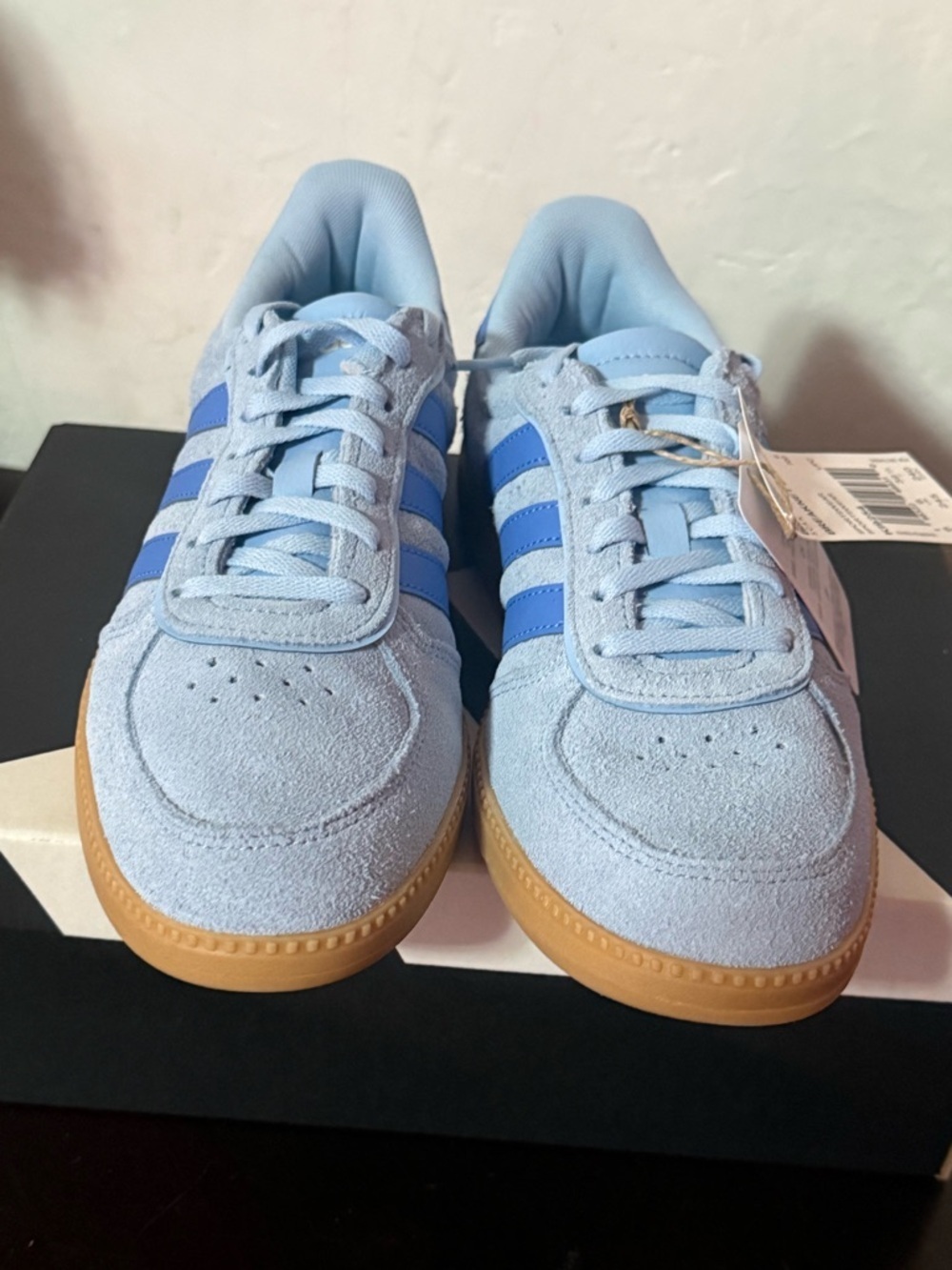 adidas Originals Light Blue Suede Sneakers with Blue Stripes and Gum Sole - Picture 2 of 13